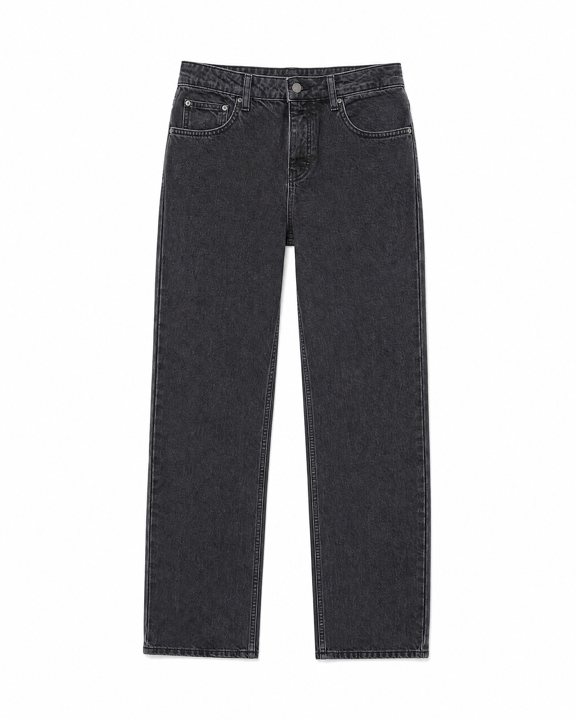 Black straight-leg jeans with a faded wash