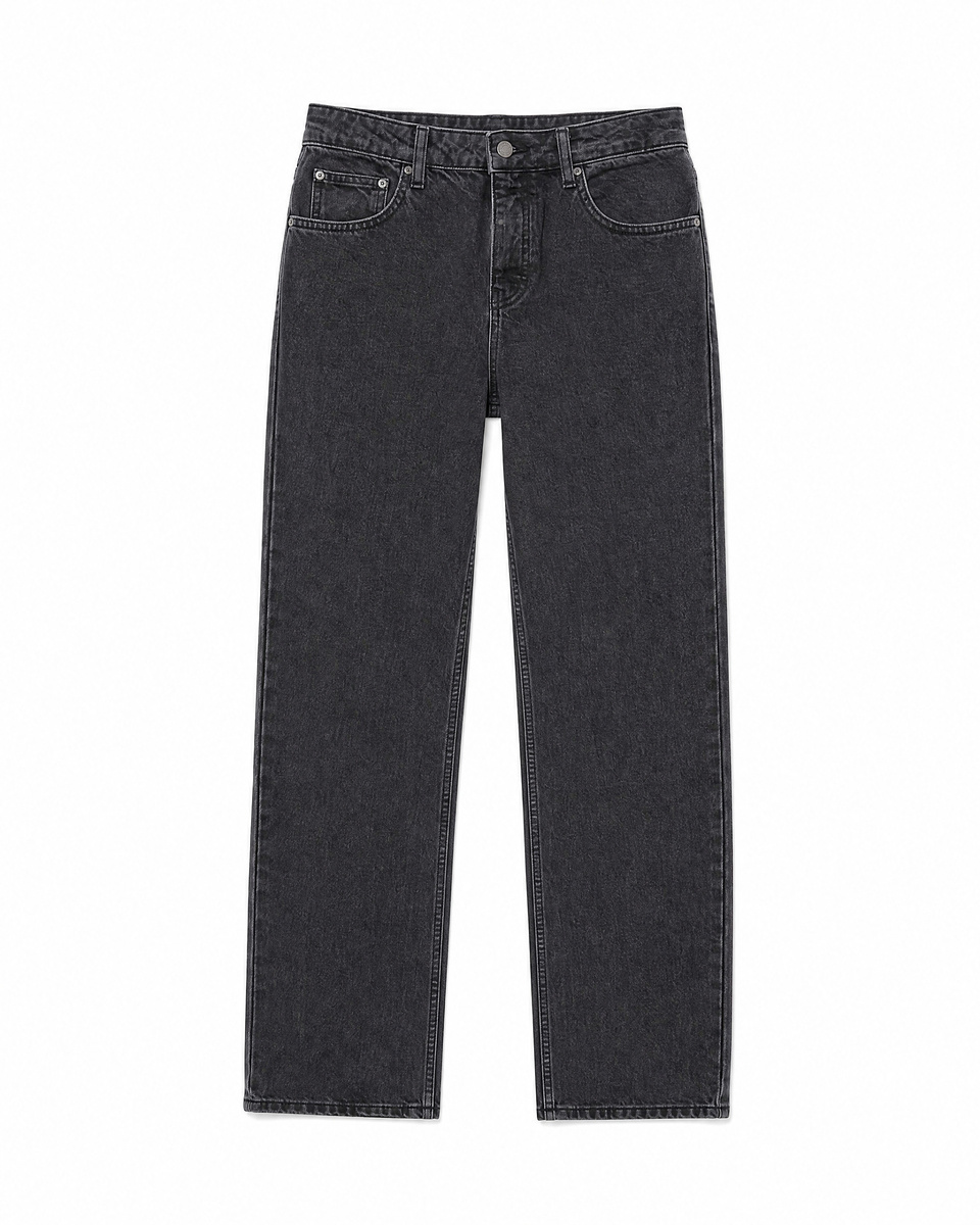 Black straight-leg jeans with a faded wash