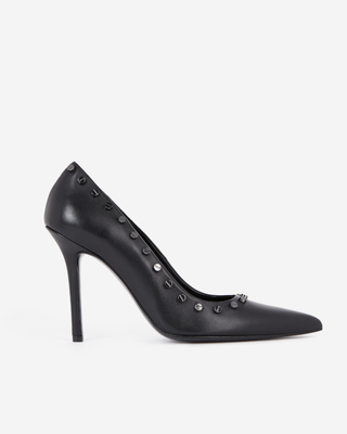 Black leather studded heeled pumps