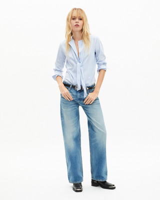 Blue striped cotton blend shirt with lavaliere collar
