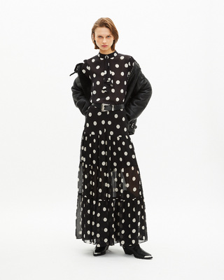Black silk blend polka dot print top