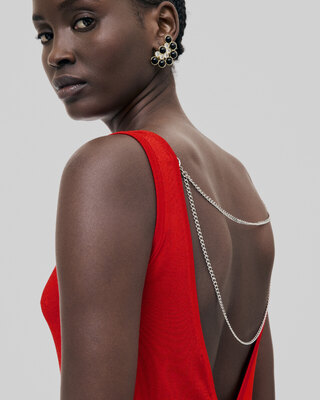 Mesh top with red chains