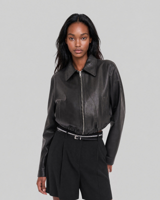 Blouson zipp&eacute; en cuir marron