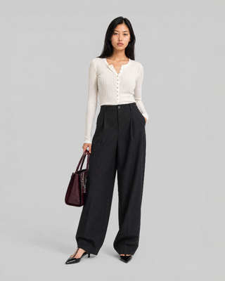 Pantalon de tailleur large en laine m&eacute;lang&eacute;e noir