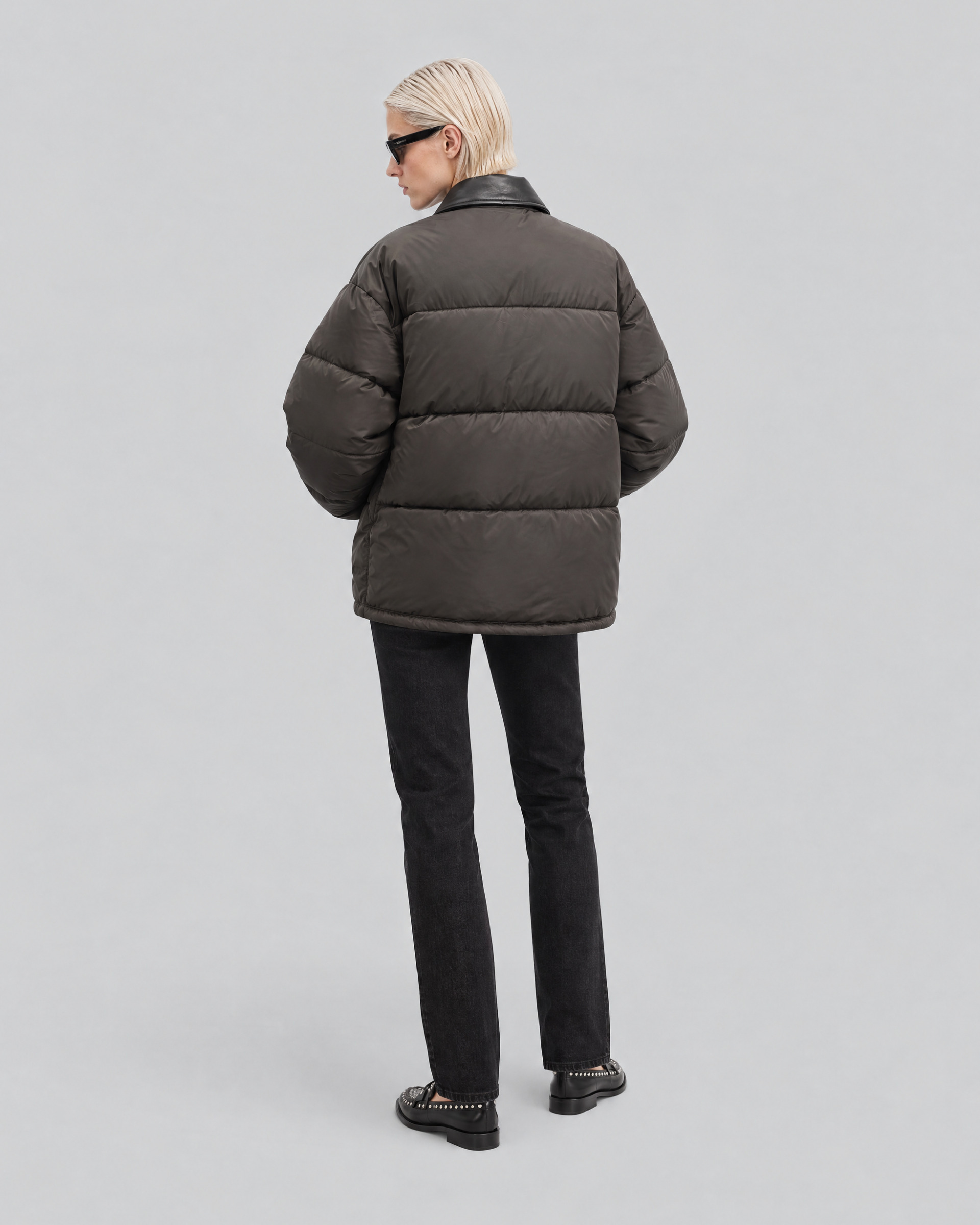 Doudoune oversize col cuir marron