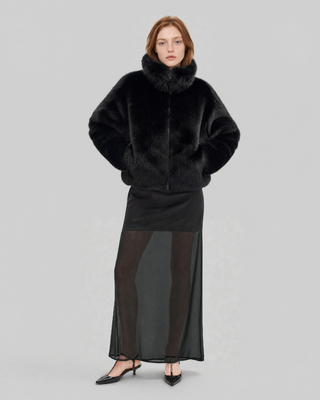 Manteau en fausse fourrure col montant noir