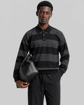 Pull col polo &agrave; rayures en laine gris