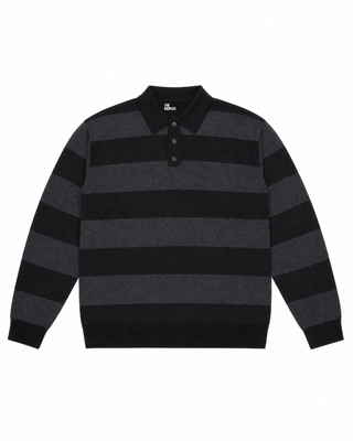 Pull col polo &agrave; rayures en laine gris