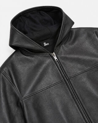 Blouson en cuir &agrave; capuche noir