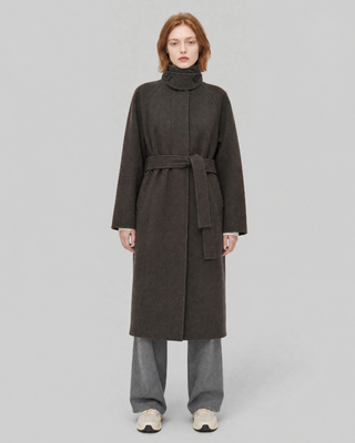 Manteau col montant en laine m&eacute;lang&eacute;e marron