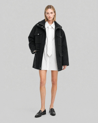 Manteau en laine m&eacute;lang&eacute;e double face col montant noir