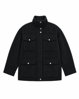 Manteau en laine m&eacute;lang&eacute;e double face col montant noir