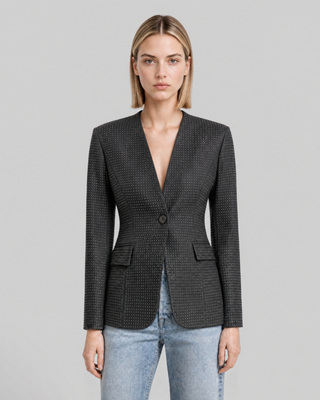 Veste ajust&eacute;e en laine m&eacute;lang&eacute;e strass&eacute;e noire