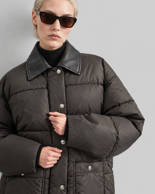 Doudoune oversize col cuir marron