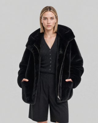 Manteau en fausse fourrure &agrave; capuche noir