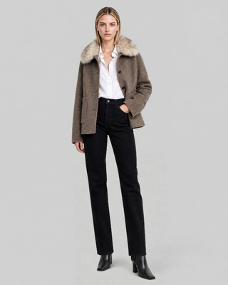 Manteau en laine m&eacute;lang&eacute;e avec col fausse fourrure beige