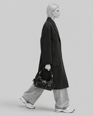 Manteau double face en laine m&eacute;lang&eacute;e noir