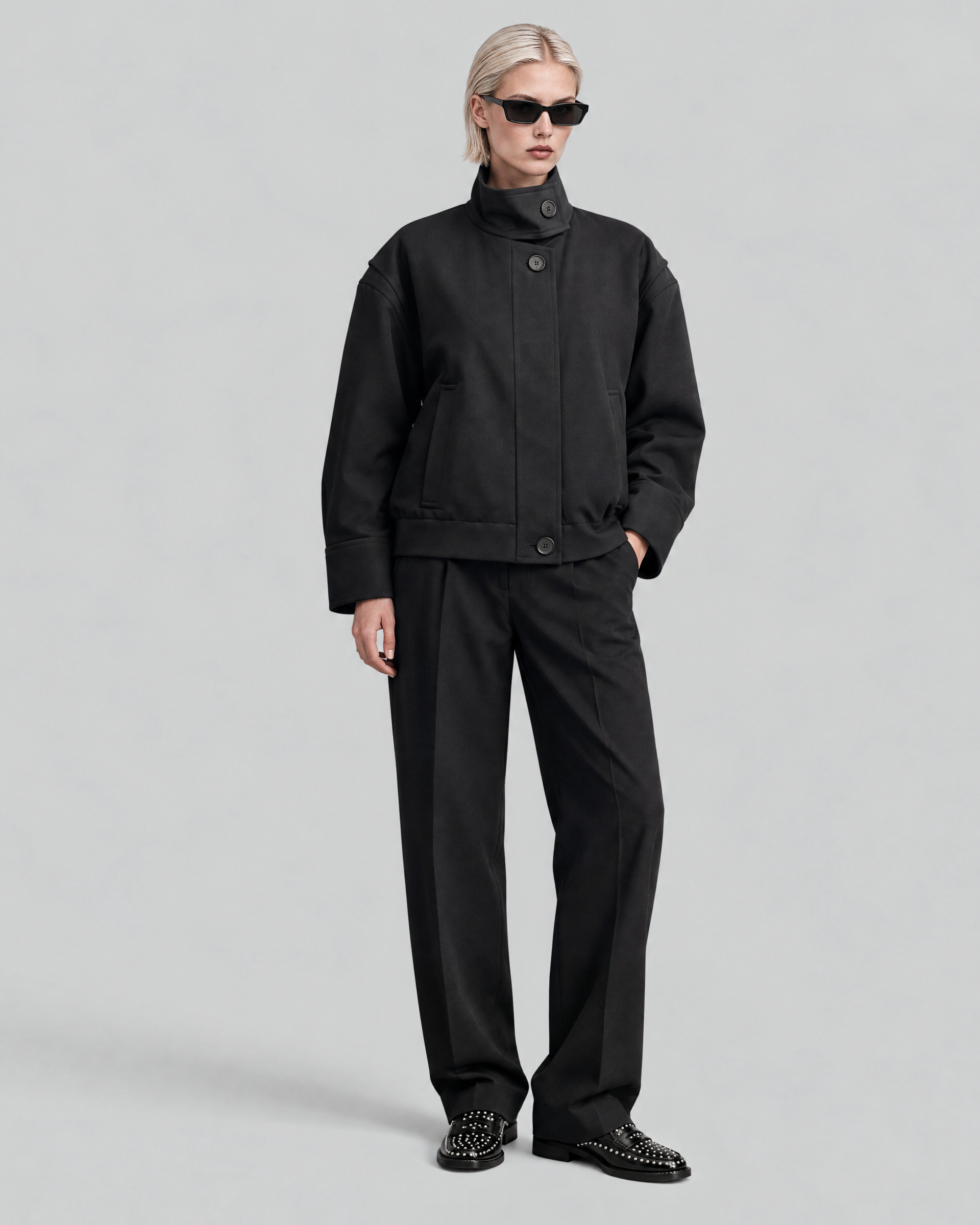 Blouson col montant en laine mélangée noir