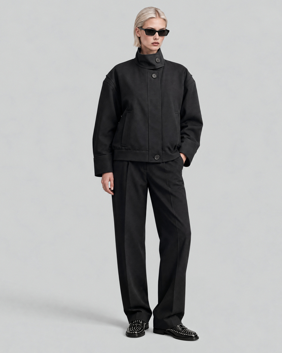 Blouson col montant en laine m&eacute;lang&eacute;e noir