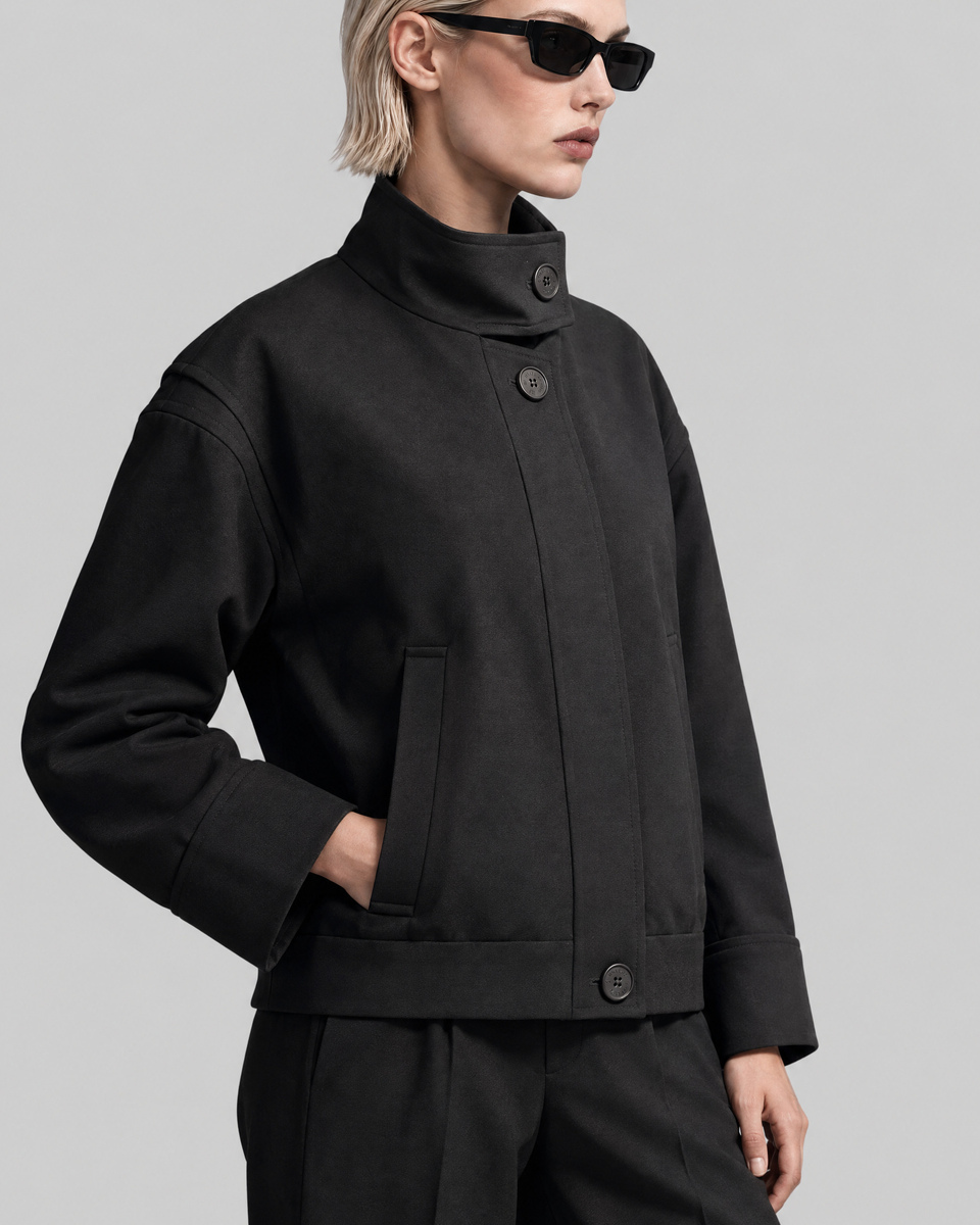 Blouson col montant en laine m&eacute;lang&eacute;e noir