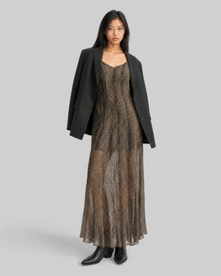 Robe longue imprim&eacute; l&eacute;opard beige