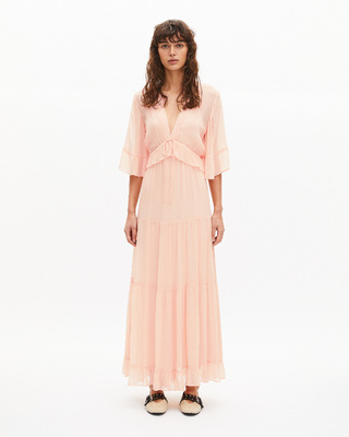 Robe longue volantée pêche