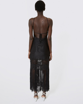 Robe longue dos nu avec franges en maille noire