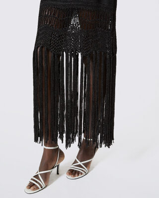 Robe longue dos nu avec franges en maille noire
