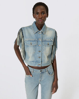 Blouson en denim avec franges et studs bleu