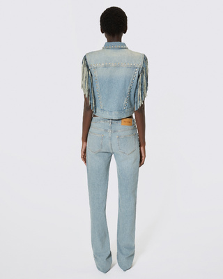 Blouson en denim avec franges et studs bleu
