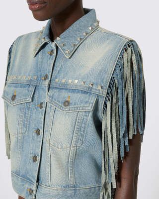 Blouson en denim avec franges et studs bleu