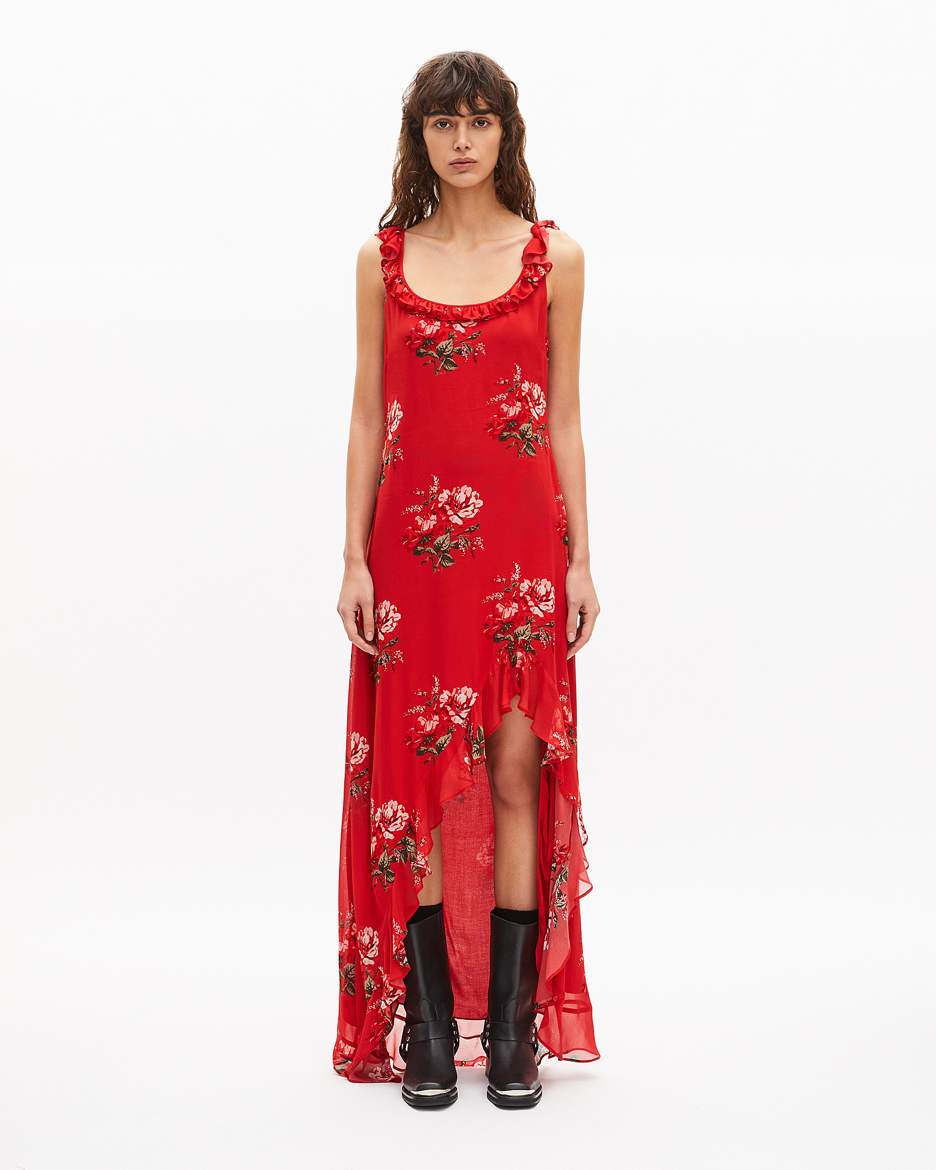 Robe longue avec volants imprimée fleurs rouge