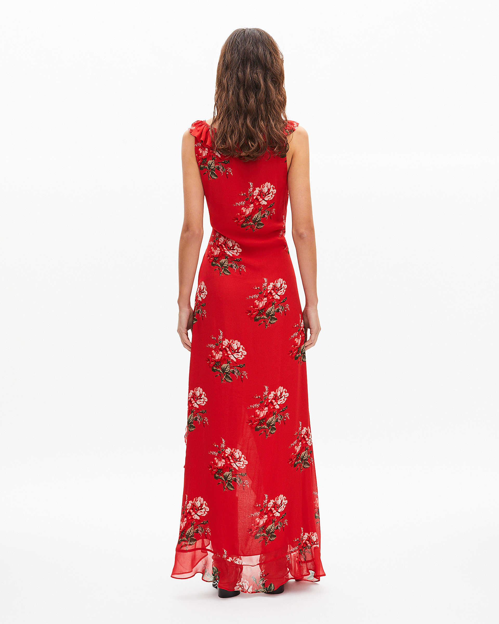 Robe longue avec volants imprimée fleurs rouge