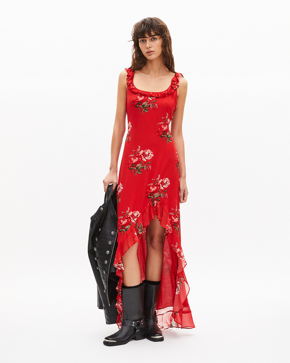 Robe longue avec volants imprim&eacute;e fleurs rouge