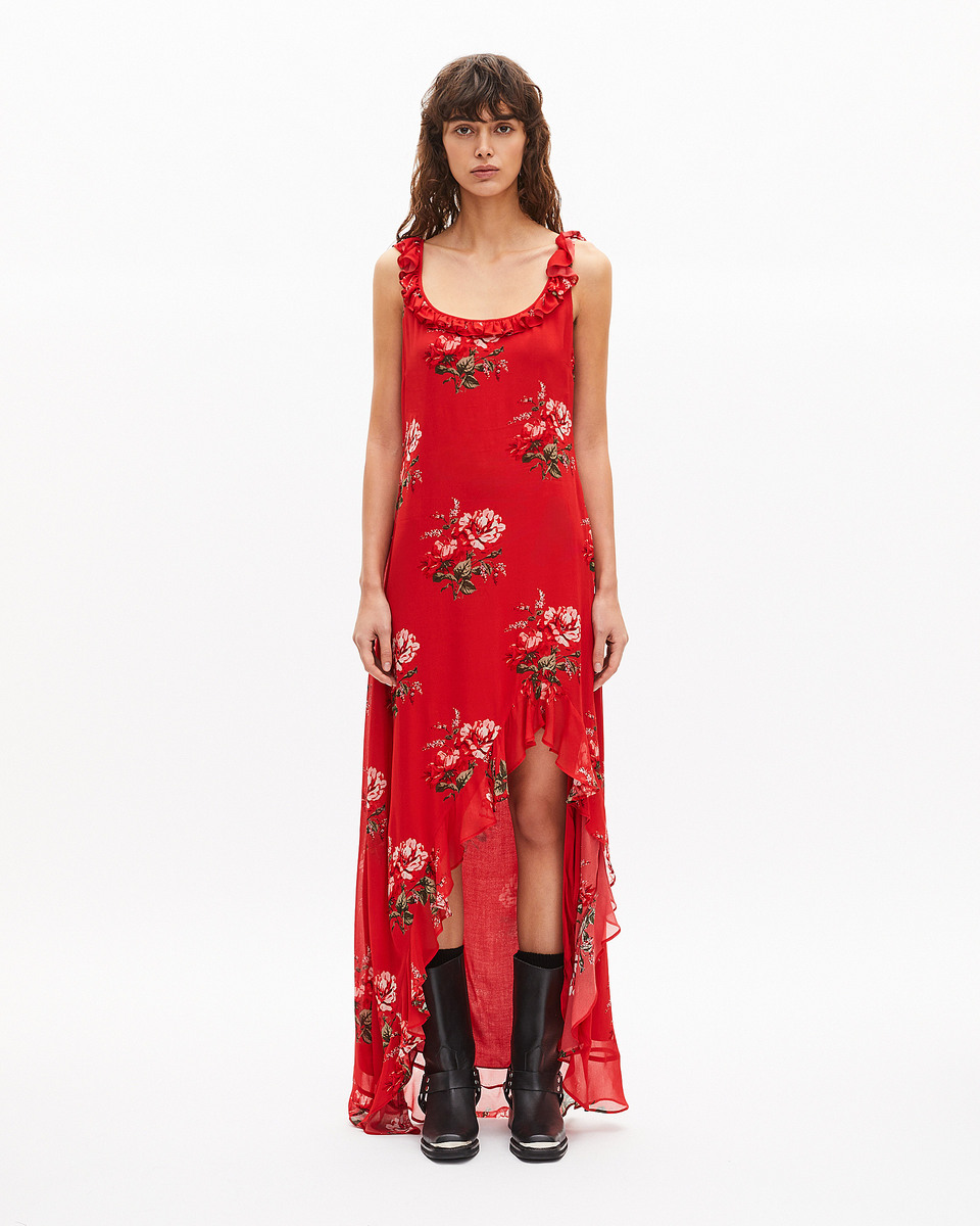 Robe longue avec volants imprim&eacute;e fleurs rouge