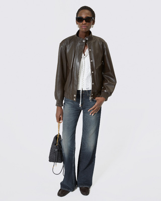 Blouson zippé en cuir marron