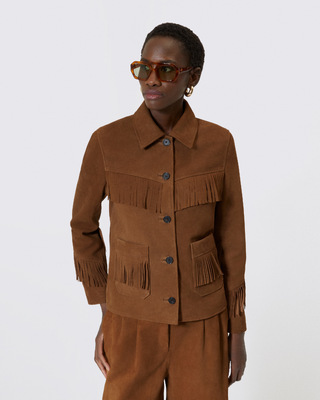 Blouson en cuir suède avec franges camel