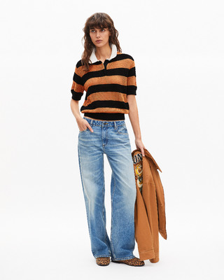 Polo en maille ajourée rayé orange et noir
