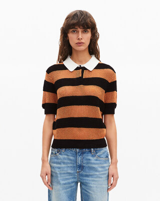 Polo en maille ajourée rayé orange et noir
