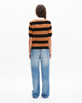 Polo en maille ajourée rayé orange et noir