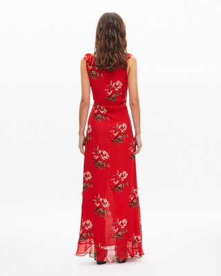 Robe longue avec volants imprimée fleurs rouge