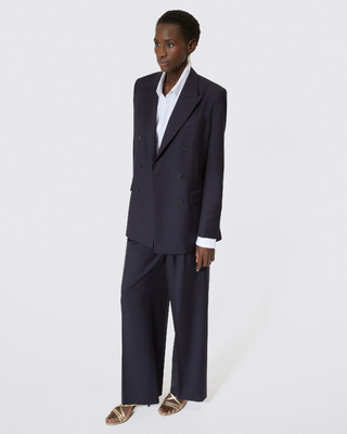 Pantalon tailleur large en laine rayé marine