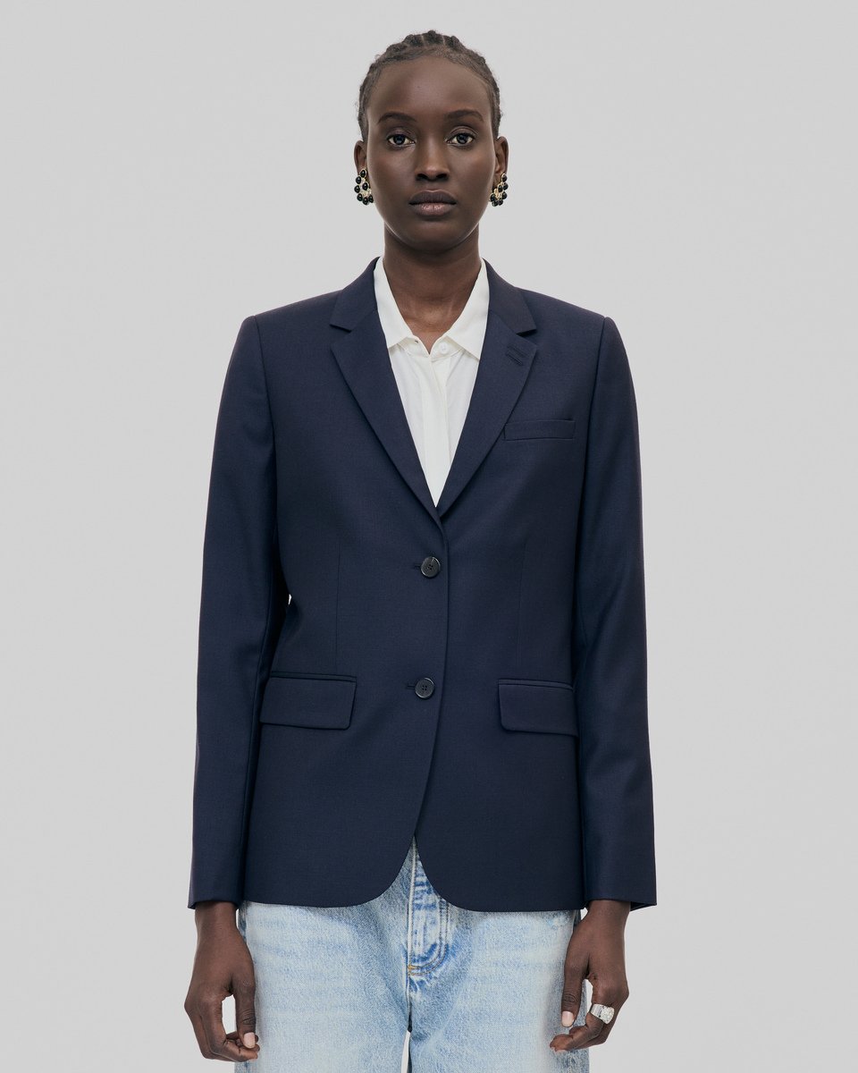 Veste tailleur en laine coupe cintrée bleu marine