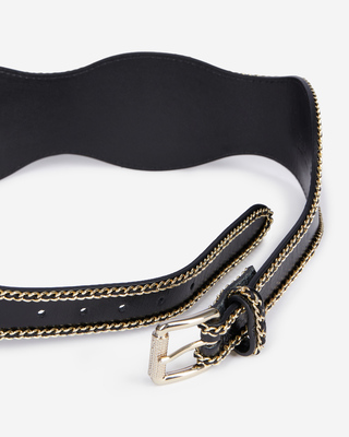 Ceinture large avec chaînes en cuir noir