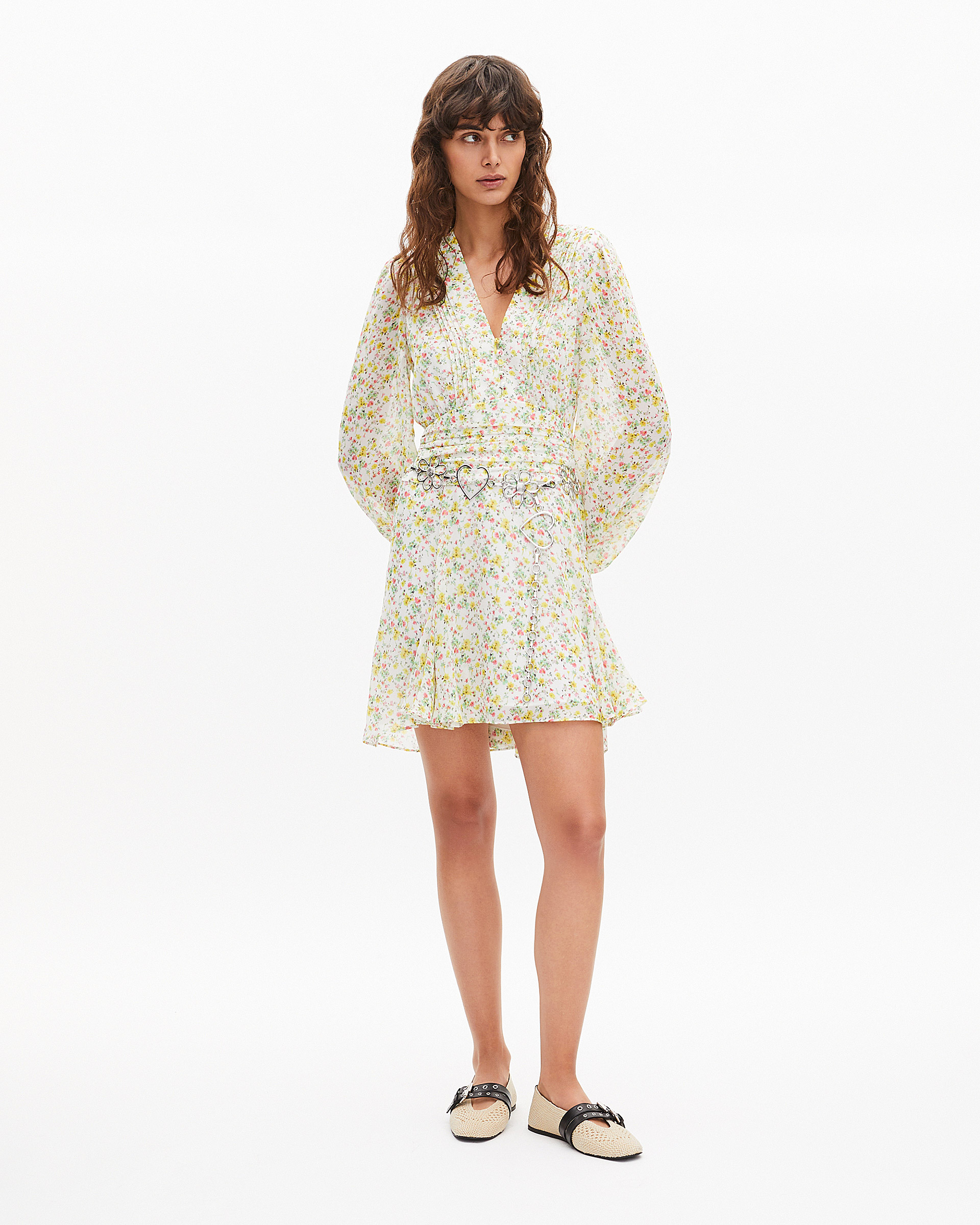 Robe courte plissée imprimé fleuri écrue