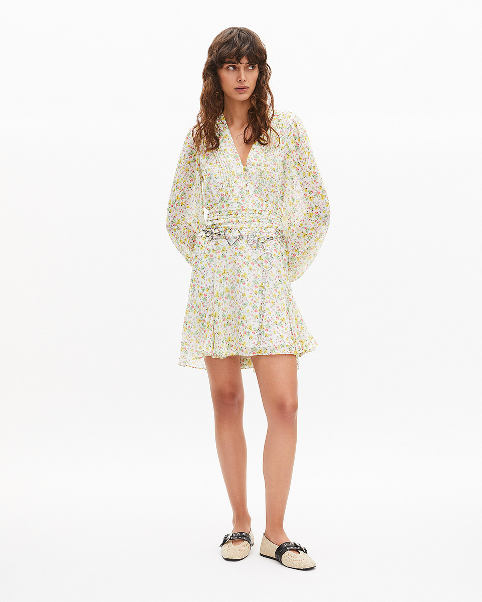 Robe courte pliss&eacute;e imprim&eacute; fleuri &eacute;crue