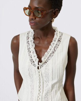 Top en coton avec incrustation dentelle écru
