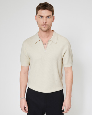 Pull col polo &agrave; zip beige