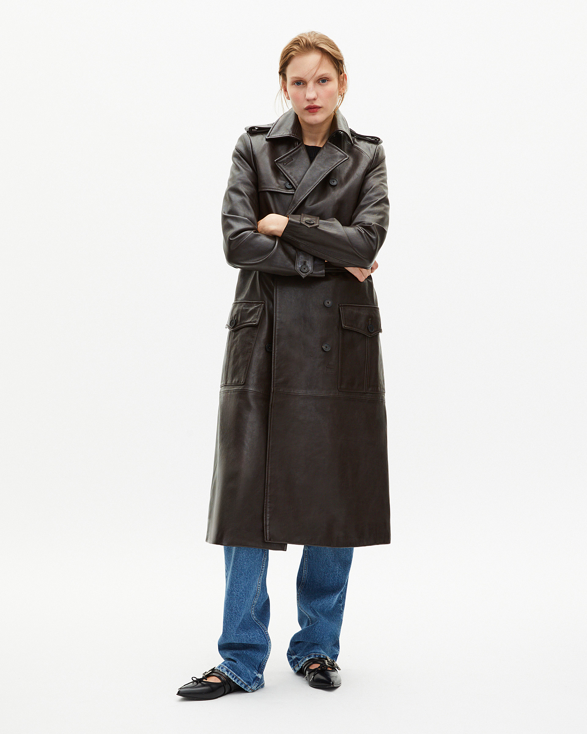 Long brown leather trench coat