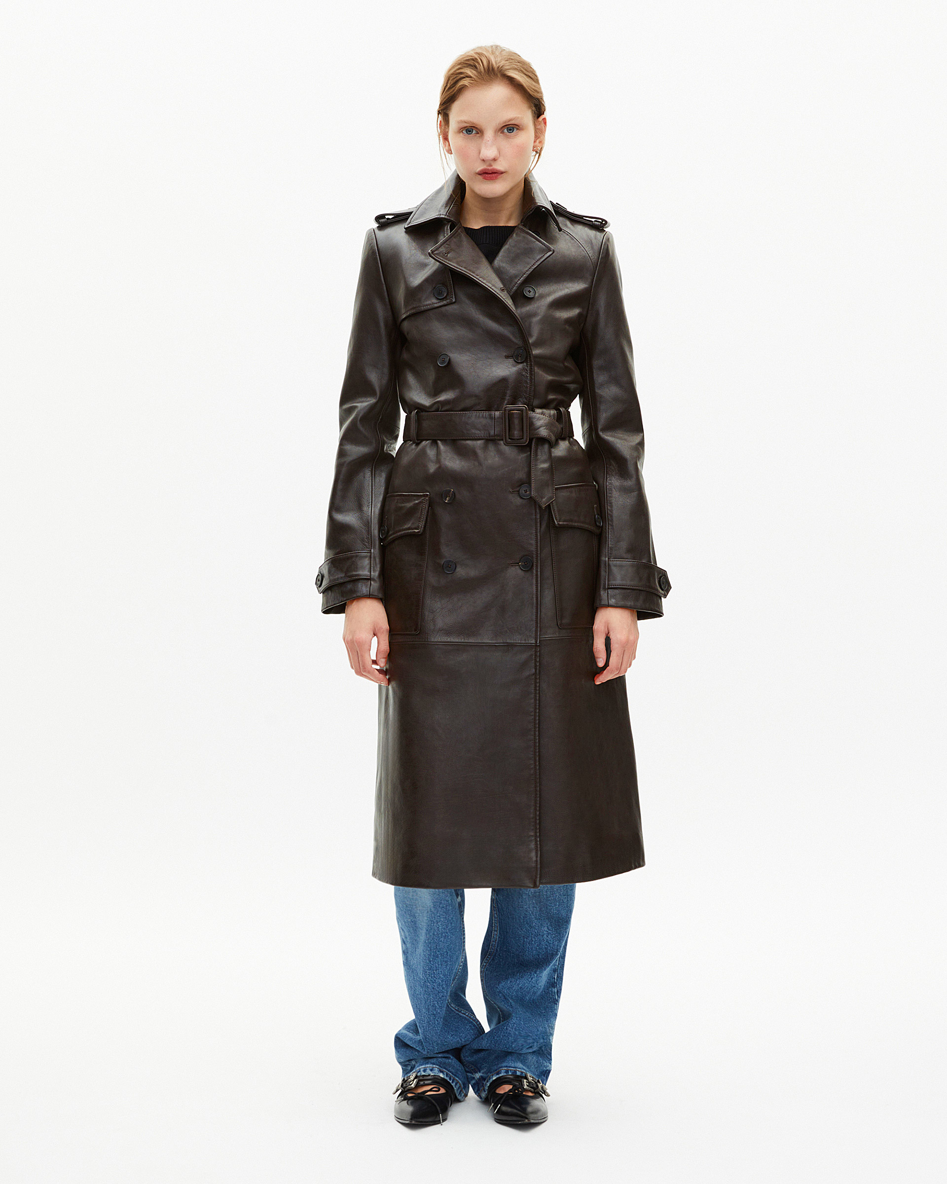 Long brown leather trench coat